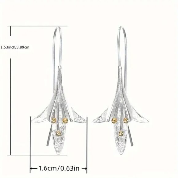 NIB - 925 Silver Gold Two Tone Plated Dangle Blooming Flower Earrings - Picture 5 of 10